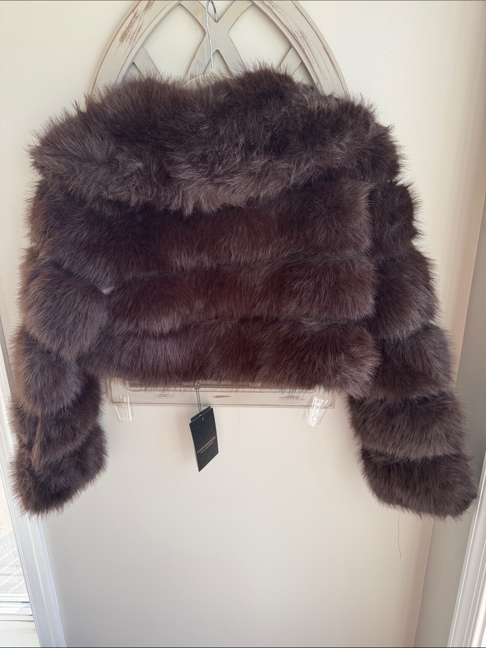 Fanpuguizhen Dark Espresso Brown Faux Fur Cropped bolero Shrug Jacket size L NWT - Picture 3 of 9